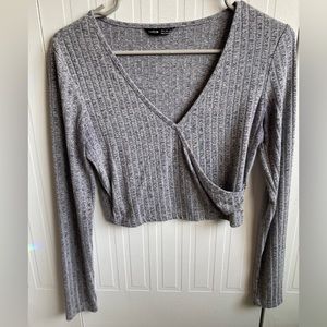 Grey Ribbed Crop Top Long Sleeve Shirt Clubbing Gray Blouse